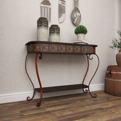 Metal Embossed 1 Shelf Floral Console Table with Ornate Scroll Legs