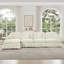 Canapé modulaire classique à trois places en forme de L avec accoudoirs évasés et volants amovibles, jupes plissées et pieds fuselés, canapé à quatre places en chenille confortable avec repose-pieds mobile, blanc beige-413503985