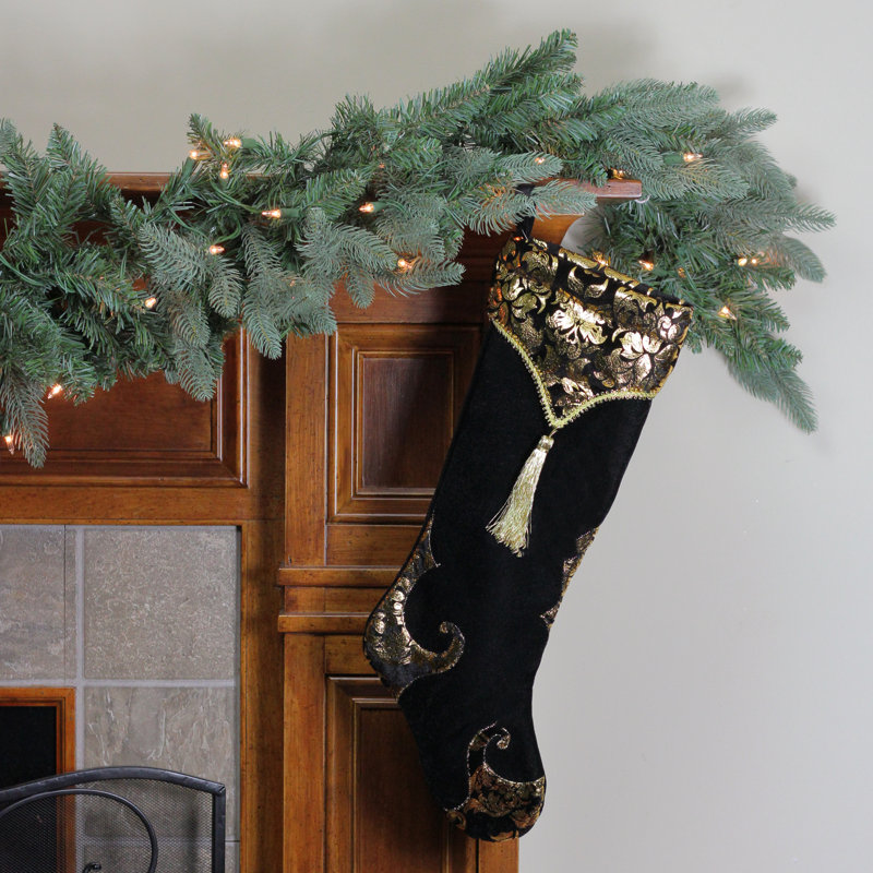 Chaussette de Noël 21,5 po en velours de damas noir et doré avec pampille