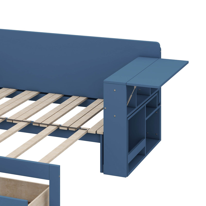 Wooden Full-Size Daybed With Built-In Storage Drawers, Removable Desk, And Hydraulic Side Table, Blue, Full