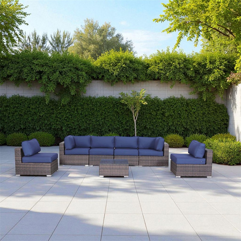 Ensemble modulaire en rotin 7 pièces avec coussins entièrement assemblé