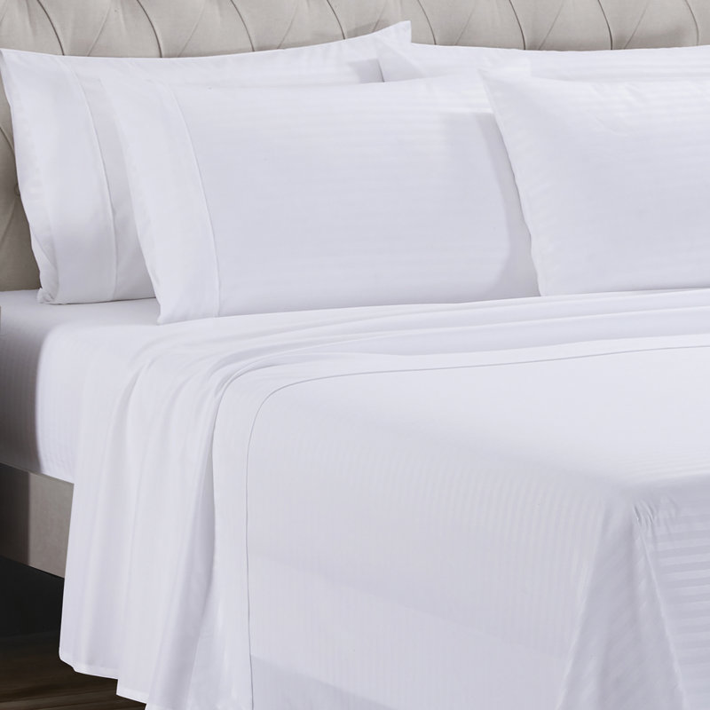 Ensemble de draps 6 pièces Dobby, Ensemble de draps pour très grand lit avec 4 taie, Rayé blanc