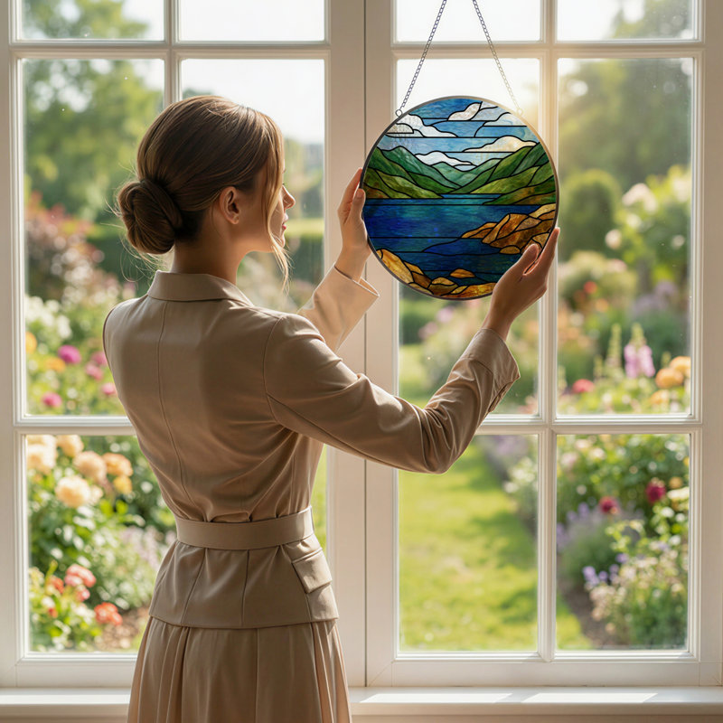 7.8"H Mountain Lake Stained Glass Window Panel, 7.8" H x 7.8" W