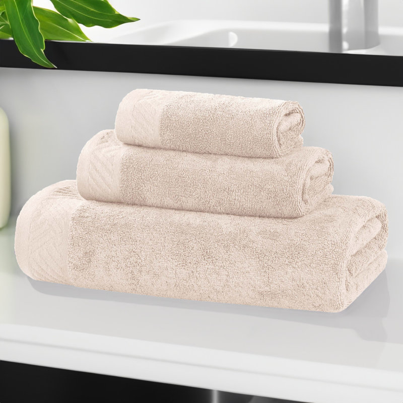 Olender Certified Egyptian Cotton Medium Weight Textured Soft Absorbent Solid 3 Piece Assorted Bathroom Towel Set, Ivory
