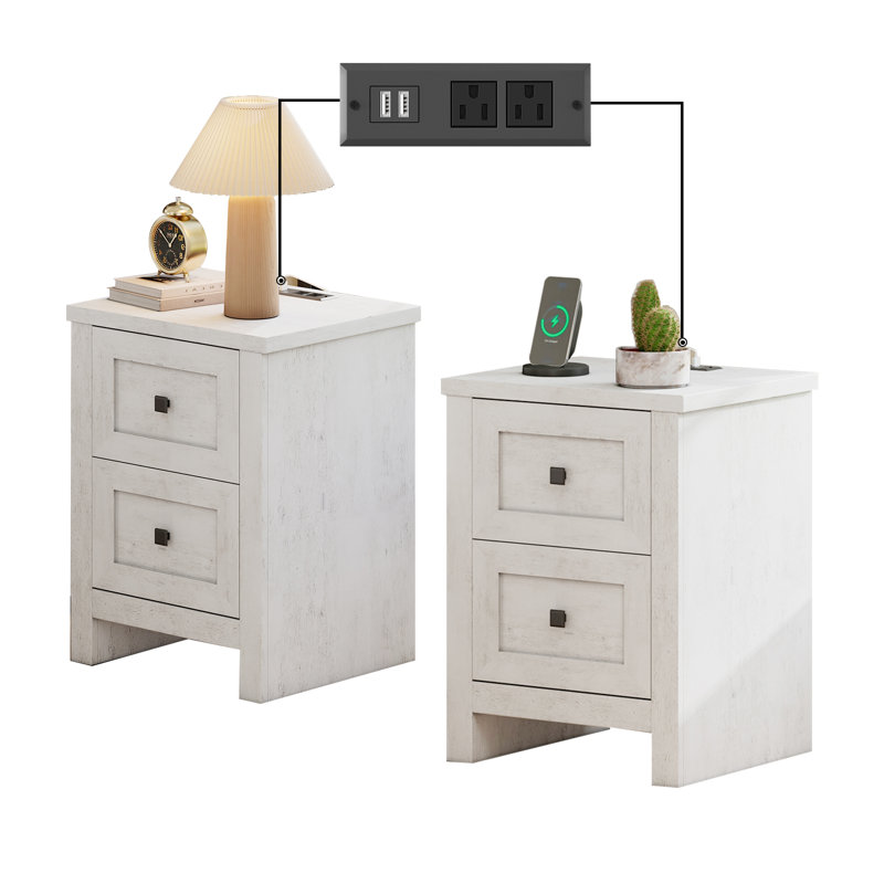 Nightstand With Charging Station, Farmhouse End Table, White