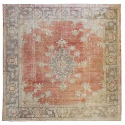 One-of-a-Kind 12'8" X 13'1" 1910s Wool Area Rug in Orange