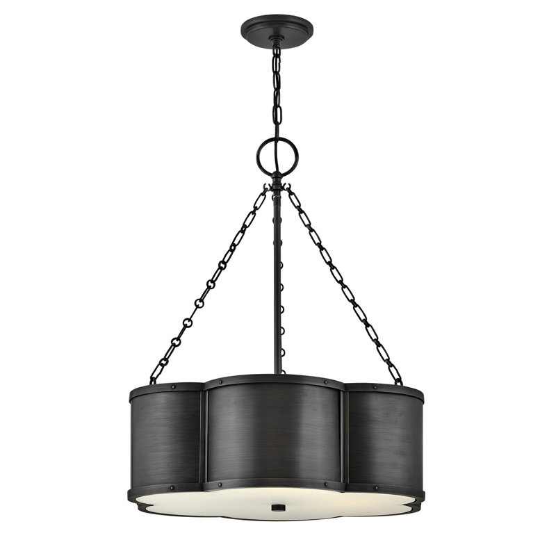 Chance 3-Light Chain-Hung Drum Chandelier w/ Etched Lens, Blackened Brass