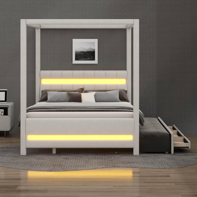 Grand lit plateforme à baldaquin tapissier avec lumières DEL, lit gigogne simple, 3 tiroirs de rangement