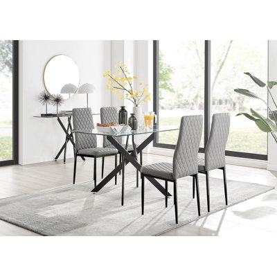 Lenworth Modern Black Metal and Glass Dining Table Set with 4 Luxury Faux Leather Dining Chairs