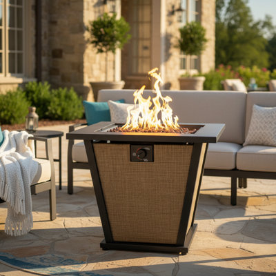 24" H x 28" W Outdoor Propane Fire Pit Table, Metal Cover Lid, Lava rocks and Hidden tank storage, 50000BTU