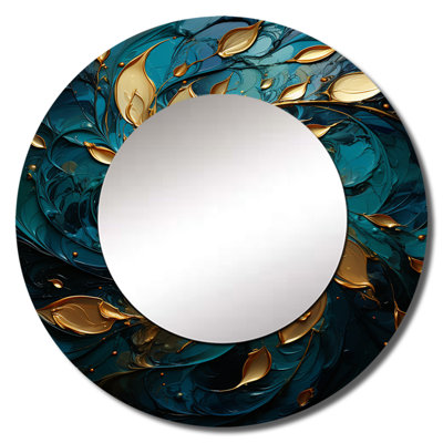 Turquoise Gold Mystic Mandala - Abstract Spirals Decorative Mirror, Modern Round Wall Mirror, Printed Metal Art