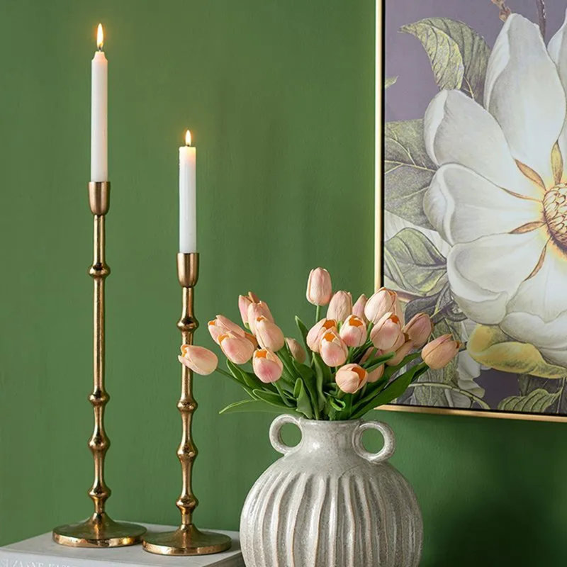 Bronze Taper Candle Holder With Bead Accents – Transitional Style For Ambient Lighting, 15.5" H x 4.5" W x 4.5" D