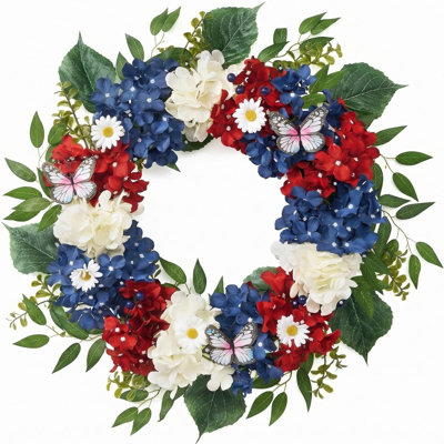 Couronne patriotique de 20 pouces pour la porte d'entrée, couronnes du 4 juillet avec des hortensias printaniers en soie rouges et bleus et des fleurs de dahlias pour la fête du travail, le jour du Souvenir, le jour de l'Indépendance, les décorations d'été