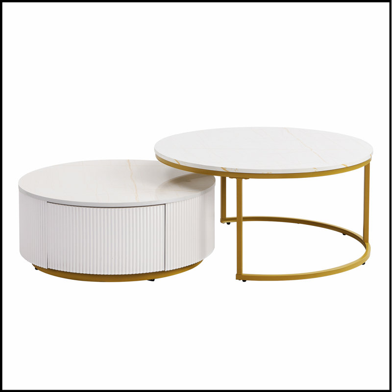 Modern Round Nesting Coffee Table with Fluted Design and Drawer, White & Gold, 27.6 Inch