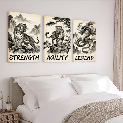 Ensemble de 3 tableaux sur toile représentant un tigre, un léopard et un dragon, symbolisant la force, l'agilité et la légende. Inspiration asiatique. Décor idéal pour le salon, la chambre à coucher ou toute autre pièce.