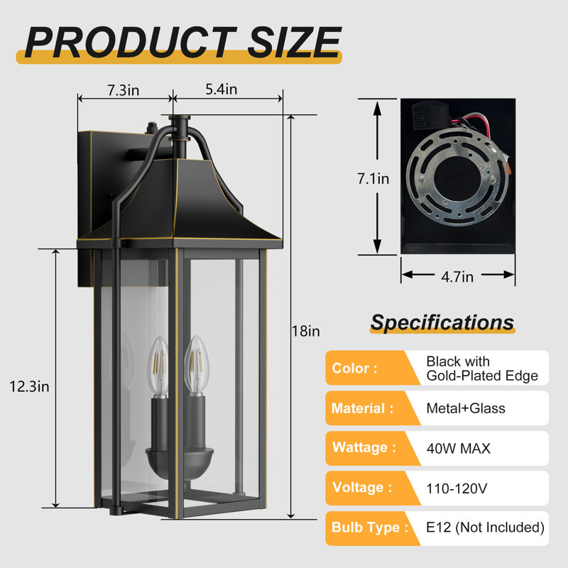 Alvester 18" H 2-Light Bronze Iron Outdoor Wall Lantern, Matte Black/Golden Lines, W8"xE7.3"xH18"