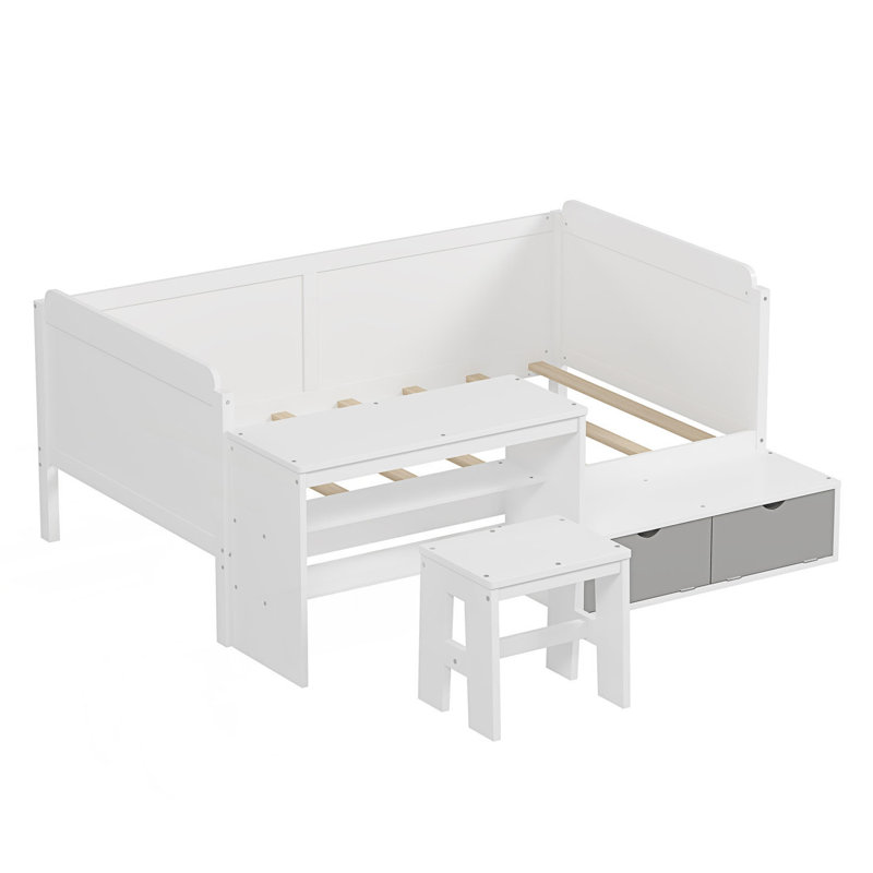 Size Daybed With Storage Shelves And Lockers, Multi-Functional Bed With Study Desk And Matching Stool, White