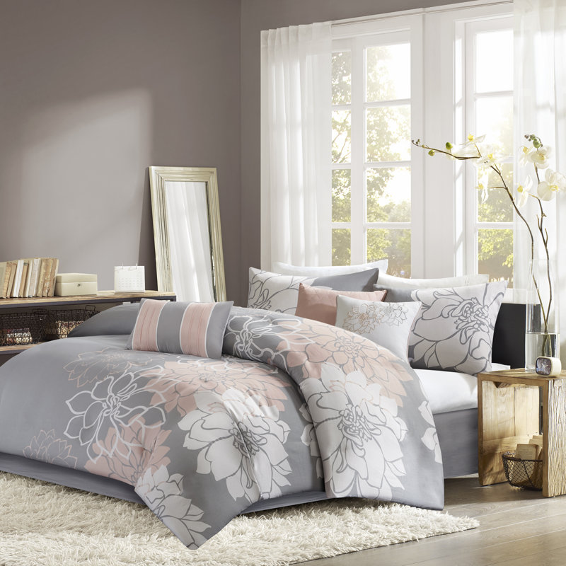 Ensemble d'édredon en coton 7 pièces Lola, Édredon de grande taille et 6 pièces supplément, Gris / pêche