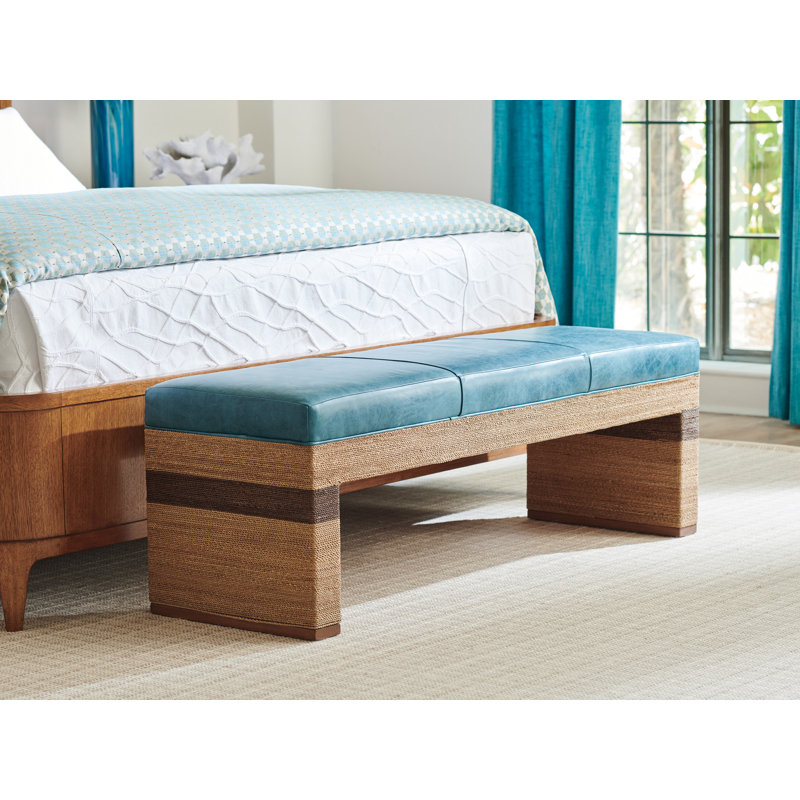 Blue Leather and Wicker Bed Bench