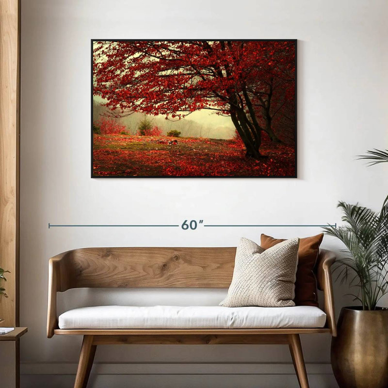 Arbre rouge en automne, Cadre flottant noir, 43 po x 29 po