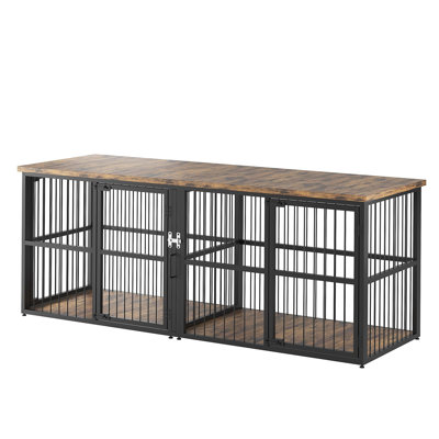 87 Inch Extra Large Double Dog Crate Furniture with Divider, Heavy Duty Indoor Double Dog Cage with 3 Doors, XXL Wooden Pet House TV Stand for 2 Pets