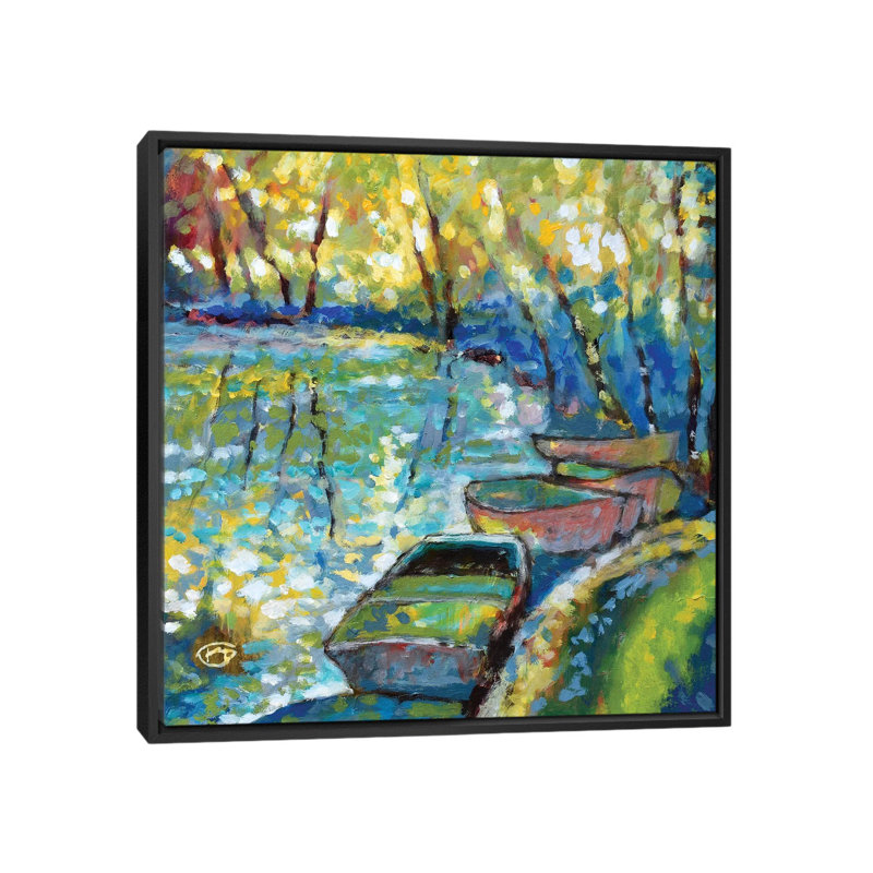 « summer bateau », impression sur toile, H 18 po x l 18 po x P 1,5 po, Toile avec cadre noir, Pas de tapis