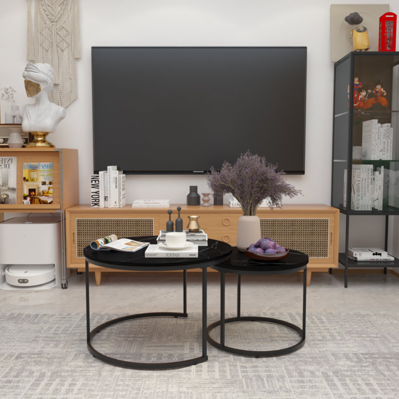 Ensemble de 2 tables basses gigognes, plateau rond en marbre de 27,6 pouces avec structure en métal robuste, tables d'appoint de table de bout pour le salon, la chambre et le balcon (noir)