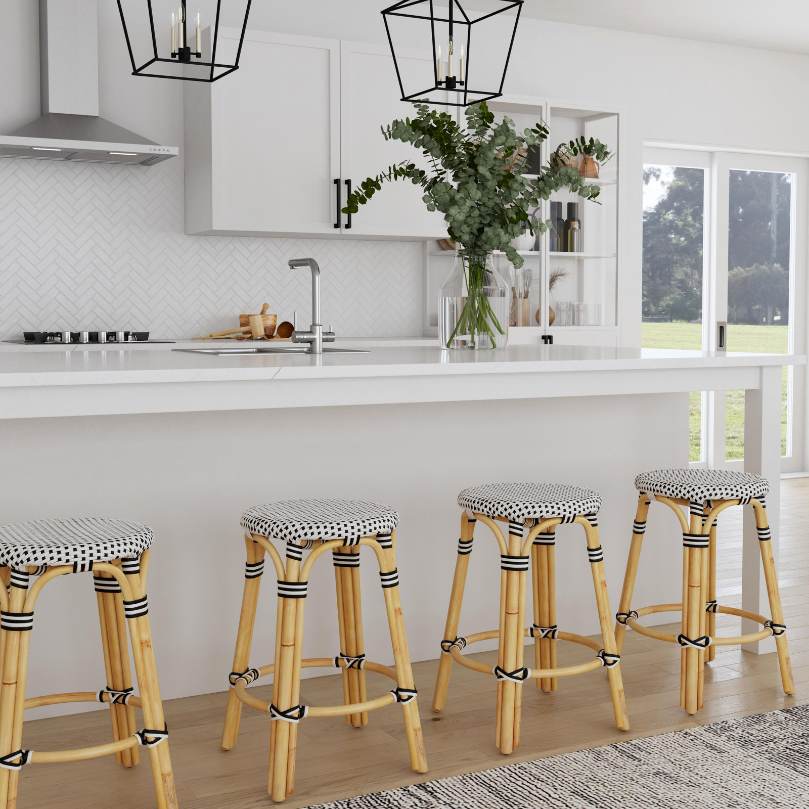 Alastair 30" Bar Stool, Counter Stool (24" Seat Height), White/Black Dot/Natural Rattan Frame