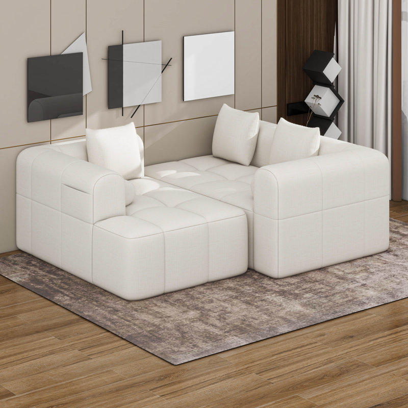 Canapé modulaire moderne entièrement compressé avec assise profonde et deux poches latérales, Beige