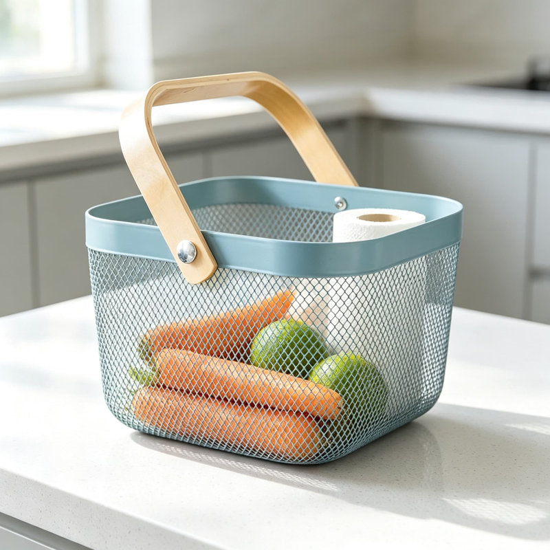 Panier en maille métallique en acier avec poignée en bambou, bac de rangement multifonctionnel pour comptoir de cuisine, garde-manger, panier de fruits