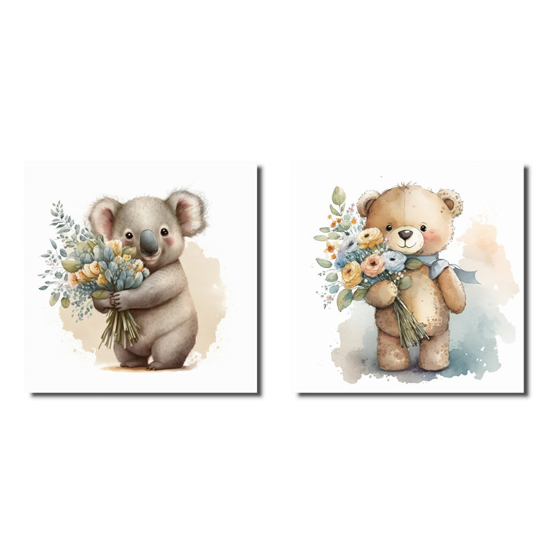 Koala tenant des fleurs - animaux, ensemble de 2 collages carrés, Toile tendue, H 30 po x l 61 po