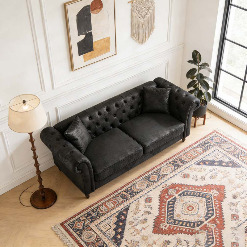 Canapé en tissu 66 po Chesterfield ‌tech, Noir, H 29 po x l 66 po x P 33 po, 2