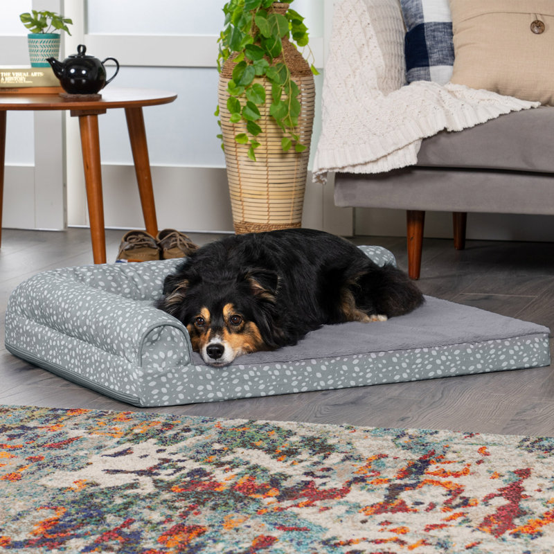 Plush Fur & Almond Print Deluxe L-Chaise Sofa Pet Bed, Medium (27" W x 36" D x 6.5" H), Gray, Large (41 - 70 lbs)