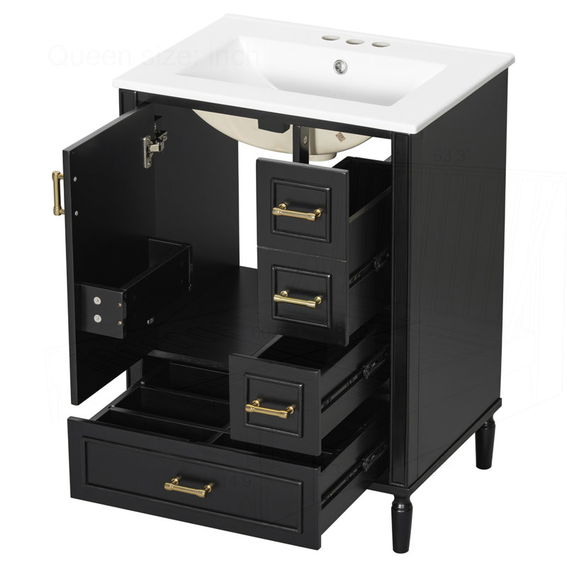 Meuble-lavabo moderne 24 po avec lavabo en céramique, Noir