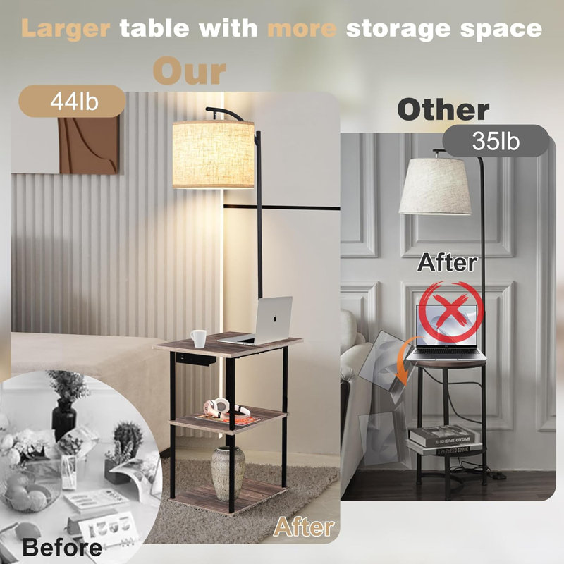 Floor Lamp With Side Table And Charging Station, 3-Way USB/Type-C/AC Outlets, 3 Color Temperature LED Bulb, Modern Shelves Nightstand For Bedroom, Living Room, Office