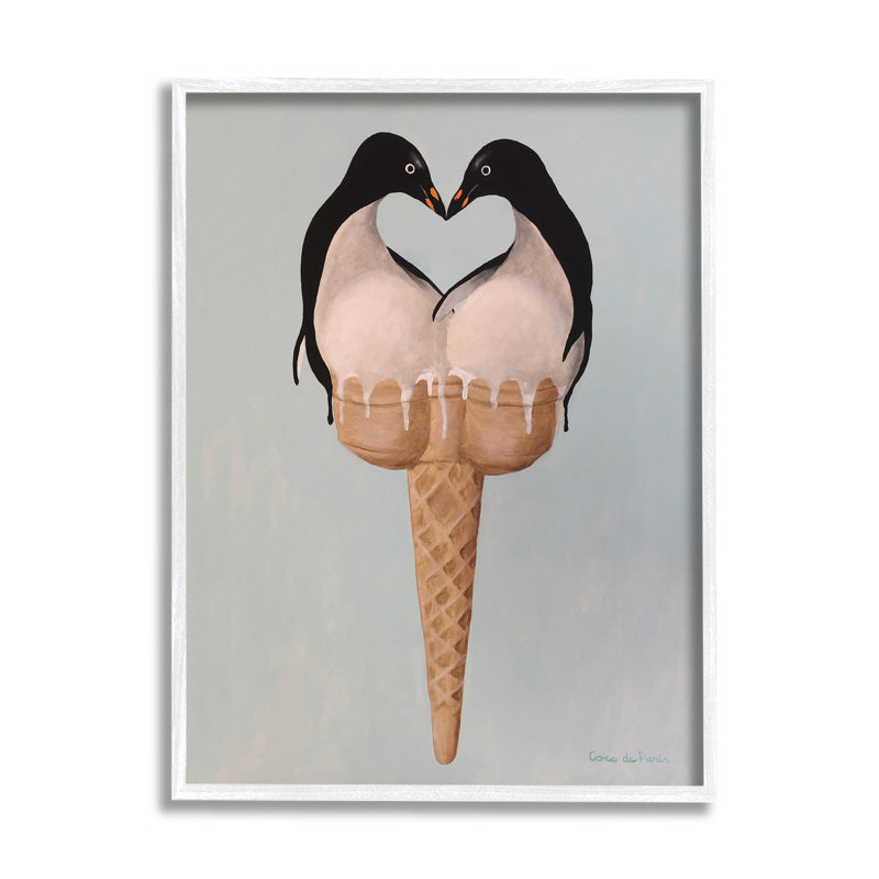 Paire de pingouins jumelés, cœur, crème glacée, cône par Coco De Paris - Peinture, H 20 po x l 16 po