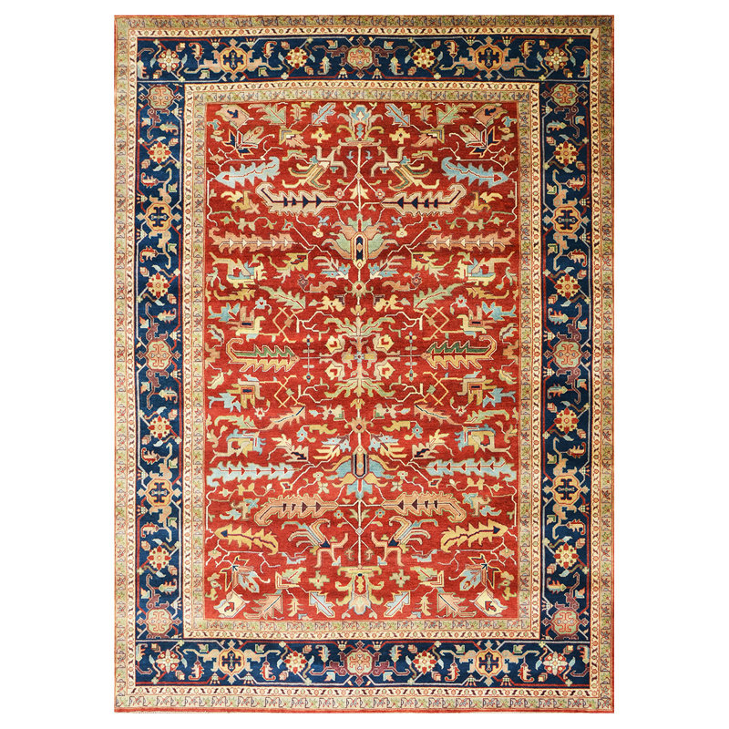 Tapis rouge / bleu marine / beige tissé à la main de haute qualité, Rectangle 10 pi x 14 pi