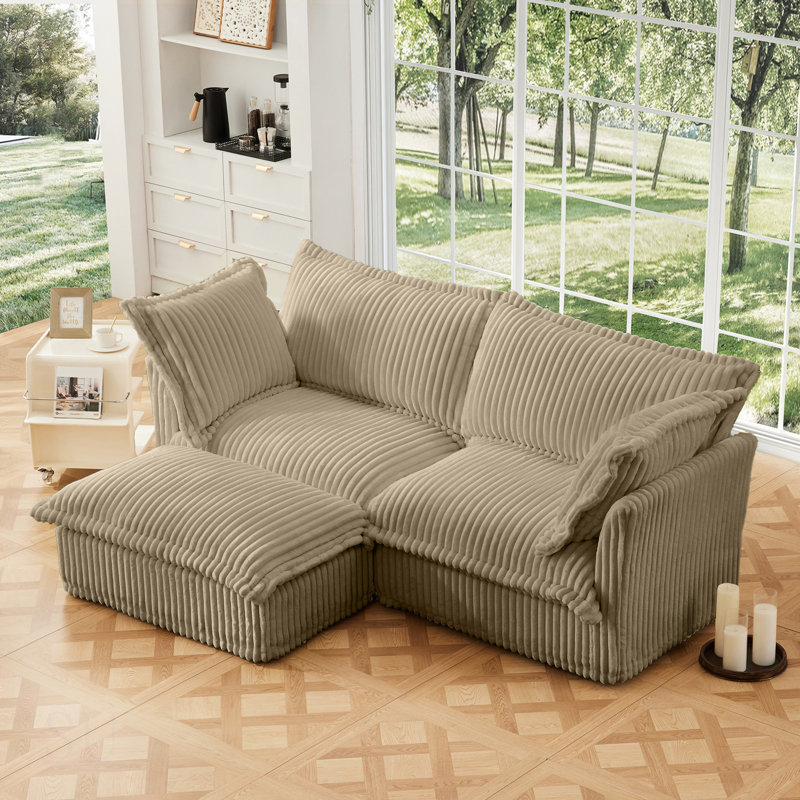 Luxurious Slipcovered Sectional 2 Seater Sofa With Convertible Ottoman, Deep Seat And Detachable Covers, Soft Pillows, Corduroy Fabric