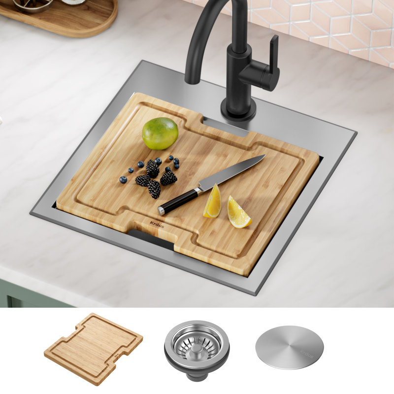 Kore 15" Stainless Steel Single Basin Bar Sink with Bamboo Cutting Board