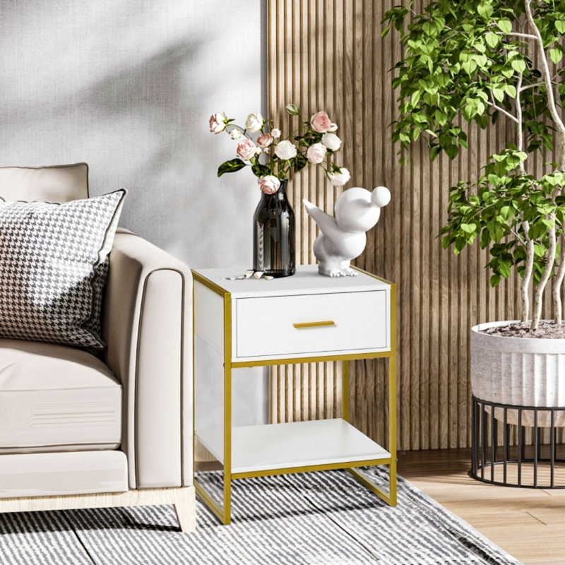 45 cm W Bedside Table, White/Gold
