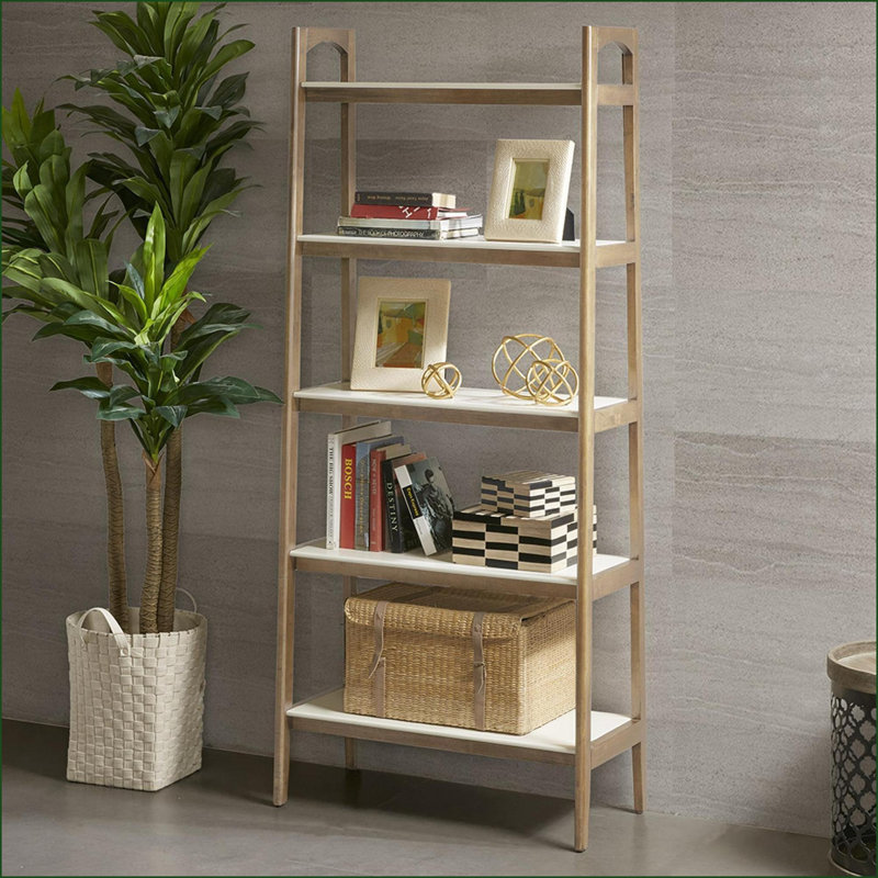 Bibliothèque, 5 tablettes Mid-Century avec structure en bois massif | Blanc cassé + naturel | Bois, Blanc cassé / naturel