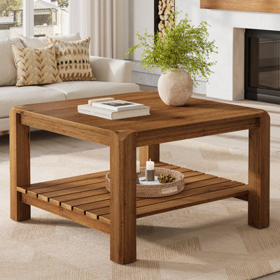 31.5" Solid Wood Coffee Table, 2-tier Square Center Table With Storage Shelf