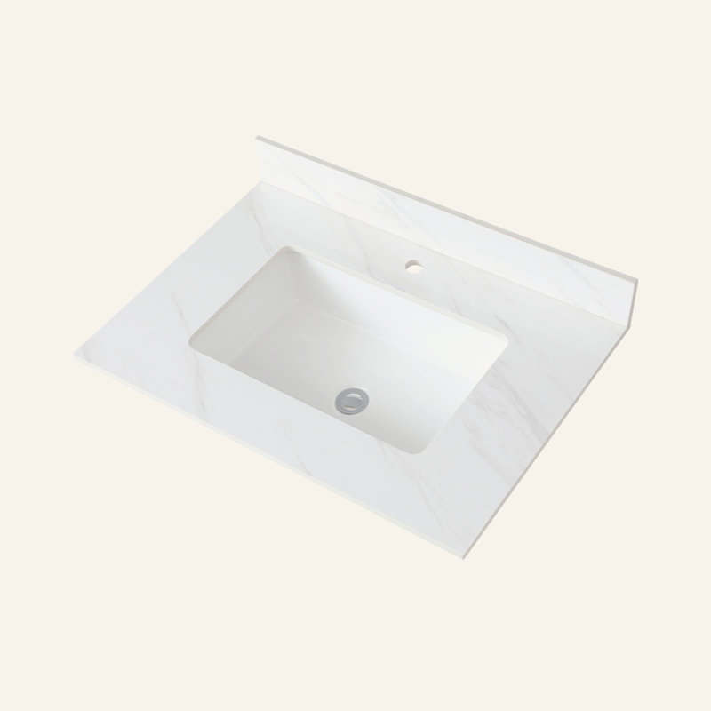 Comptoir de meuble-lavabo en marbre 31 po, comptoir blanc avec trous de robinet pré-percés, comptoir de salle de bain avec lavabo central rectangulaire encastré et dosseret de 4 po de hauteur, Bianco Carrara Venato
