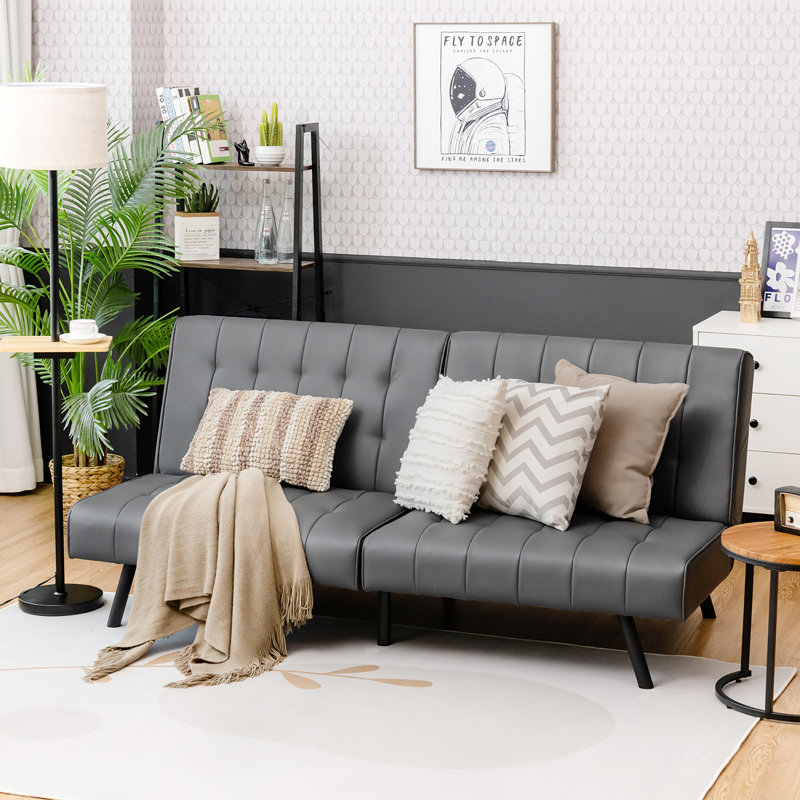 Camisha Twin 70'' Faux Leather Convertible Sofa, Gray Faux Leather