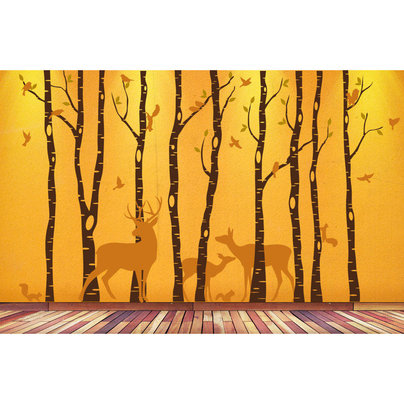 Décalcomanie murale en vinyle tree forest animal forest bouleau, H 108 po x l 132 po, Brun noyer