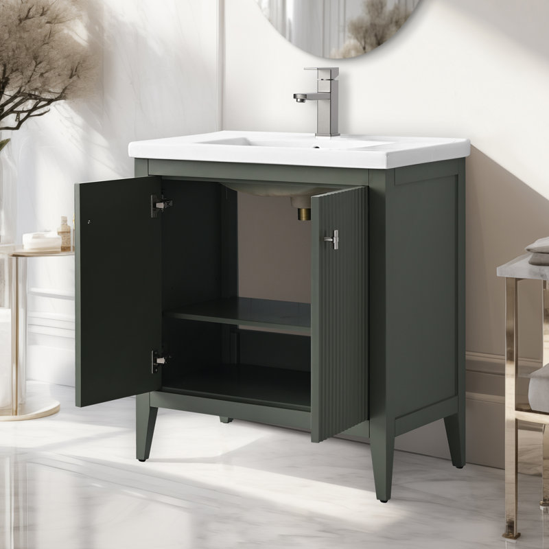 Single Bathroom Vanity with Ceramic Top, Brushed Nickel, Linear Vintage Green, 30"