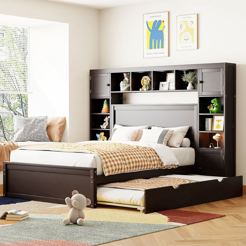 Full Size Wooden Bed With All-in-One Cabinet, Shelf and Sockets, Espresso