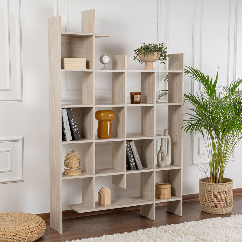 Modern Bookshelf, Travertine Color, 48.0 x 74.0 x 10.0 inches | 100% Melamine Coated Particle Board, Thickness: 0.7 inches | 80 lbs Bearing Capacity, Wall-Mountable, Numerous Shelves for Stylish Storage & Display