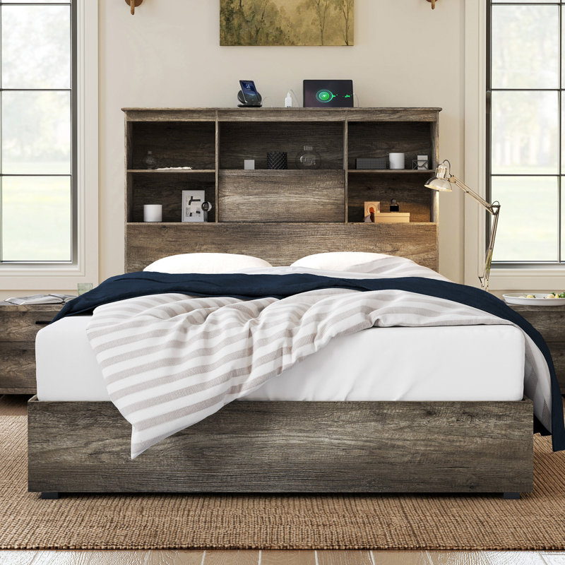 Base de lit grand avec bibliothèque et rangement à DEL 51,2 po Bilal, 4 tiroirs de rangement, gris, Grand, gris