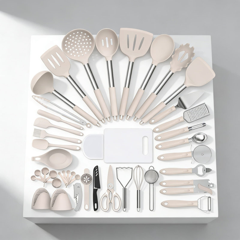 Ensemble 43 pièces d'ustensiles de cuisine en silicone avec poignées en acier inoxydable, outils de cuisson anti-rayures résistants à la chaleur pour batterie de cuisine, casseroles et poêles antiadhésives